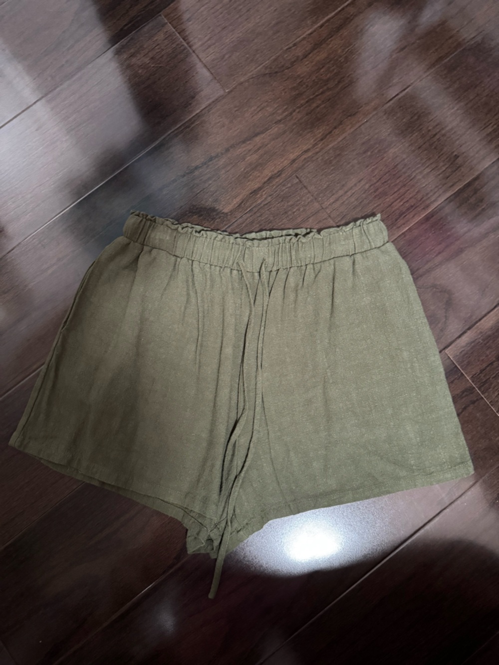 Olive Green Elastic Waist Linen Blend Shorts